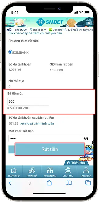 Bước 3: Nhập số tiền muốn rút => Nhập mật khẩu rút tiền => Ấn Rút tiền